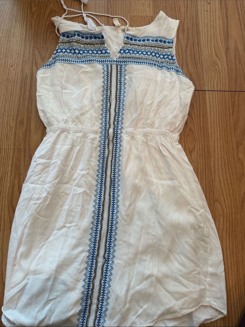 White Sleeveless Mini Dress with Blue Embroidered Trim